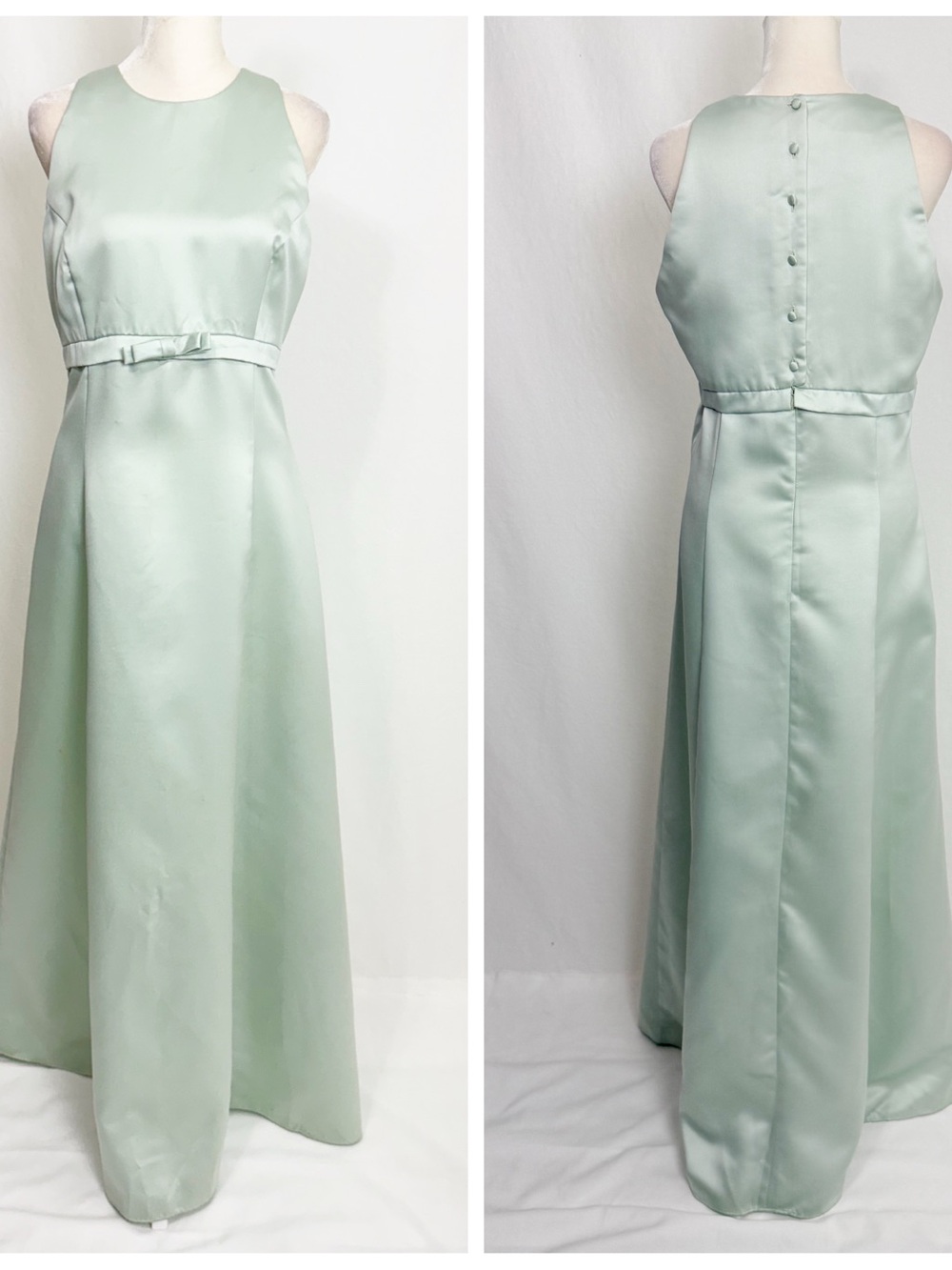 Vintage Sleeveless Mint Green Satin Evening Dress with Bow Waist detail